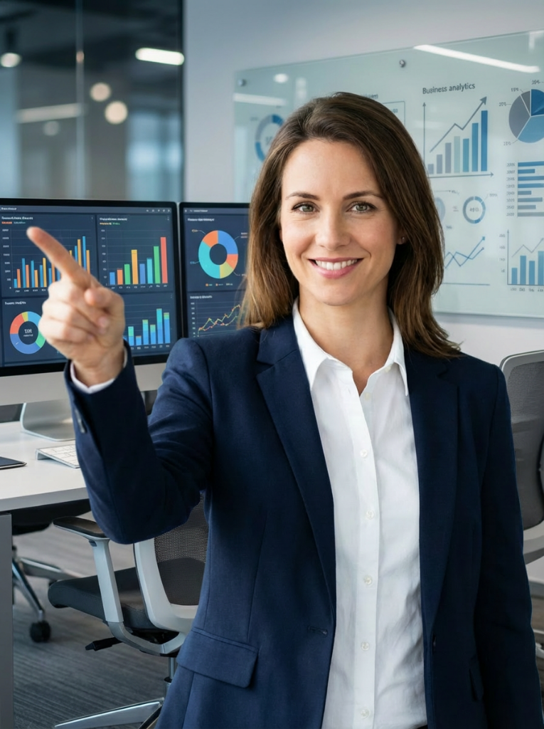 Professional woman pointing up